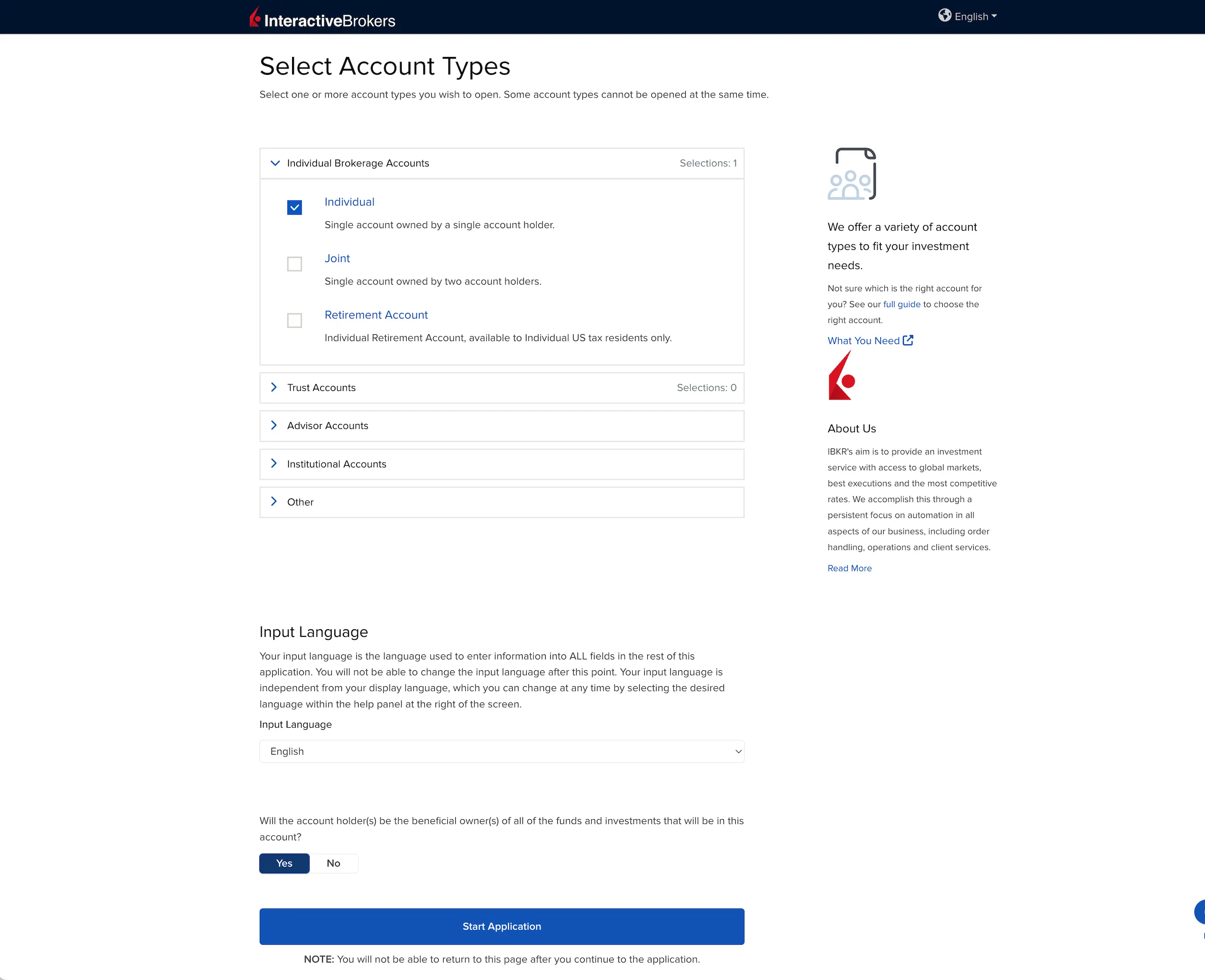 Choice of Interactive Brokers account type: individual or joint