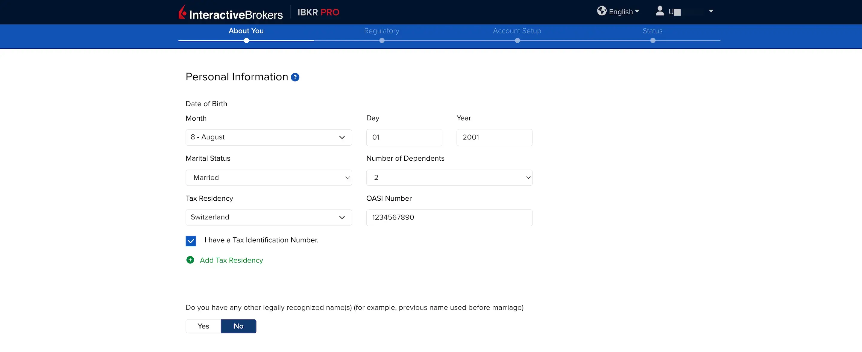 Personal information: date of birth, identification, and tax residence