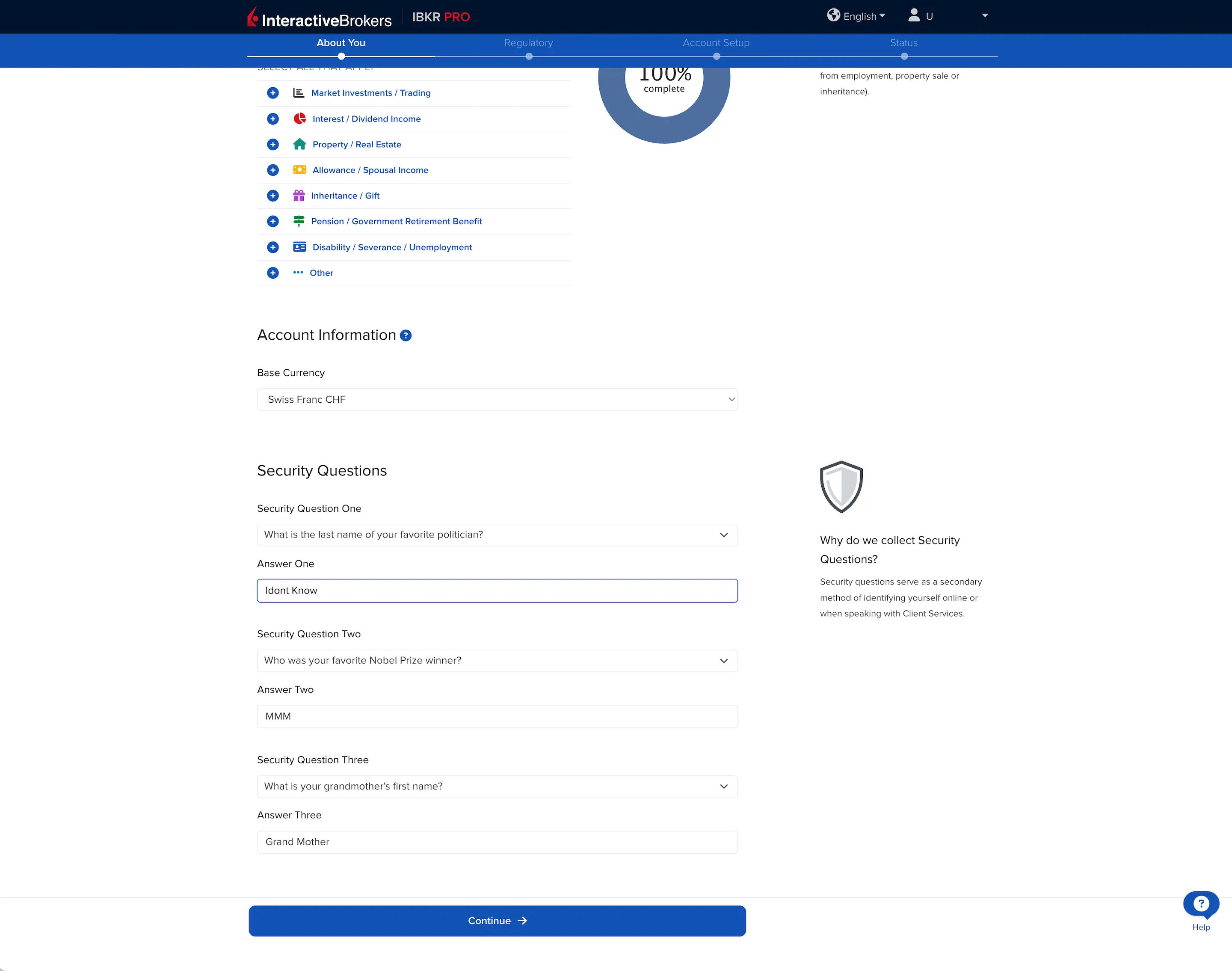 Personal information: base currency and security questions