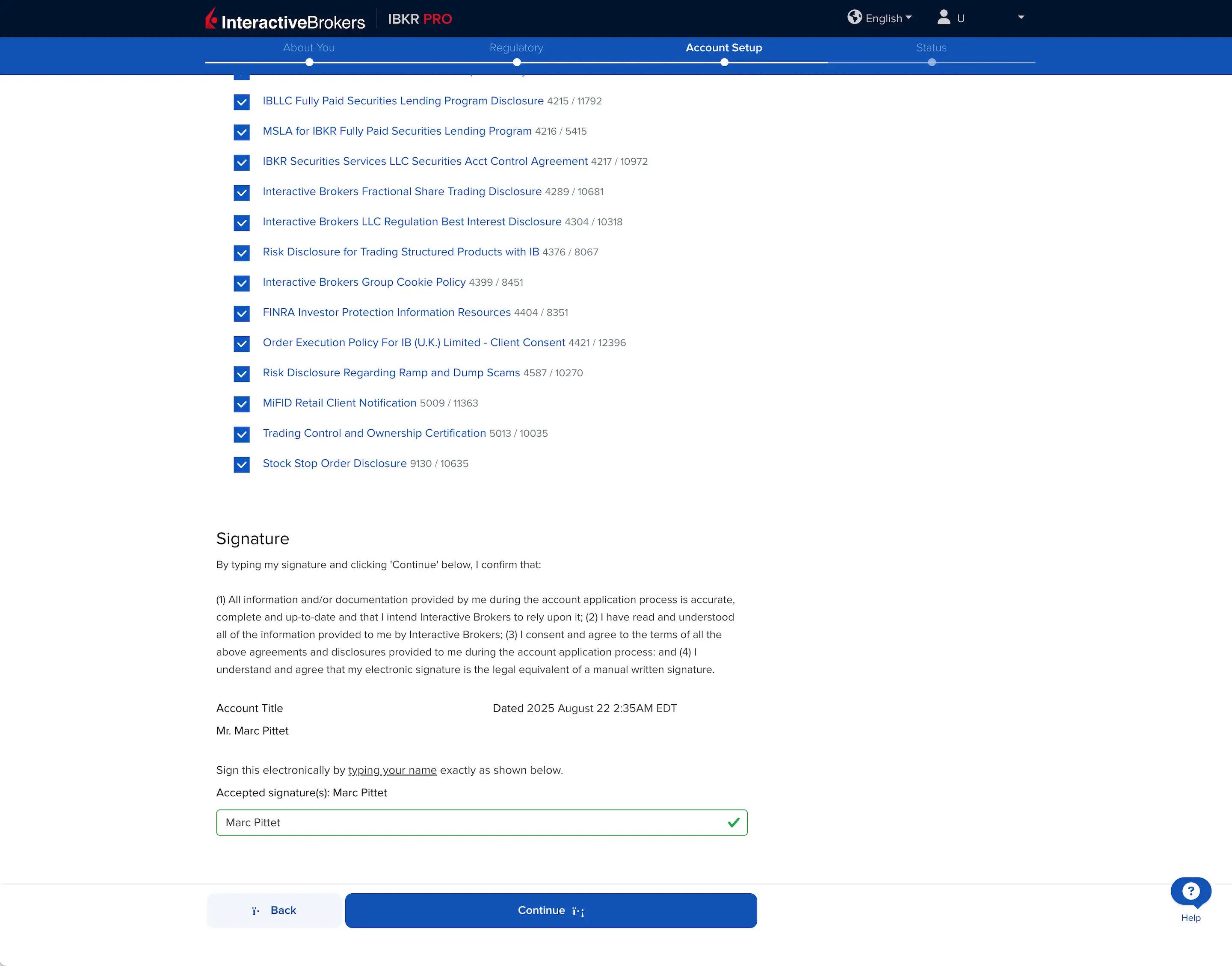 Signing the Interactive Brokers account opening application