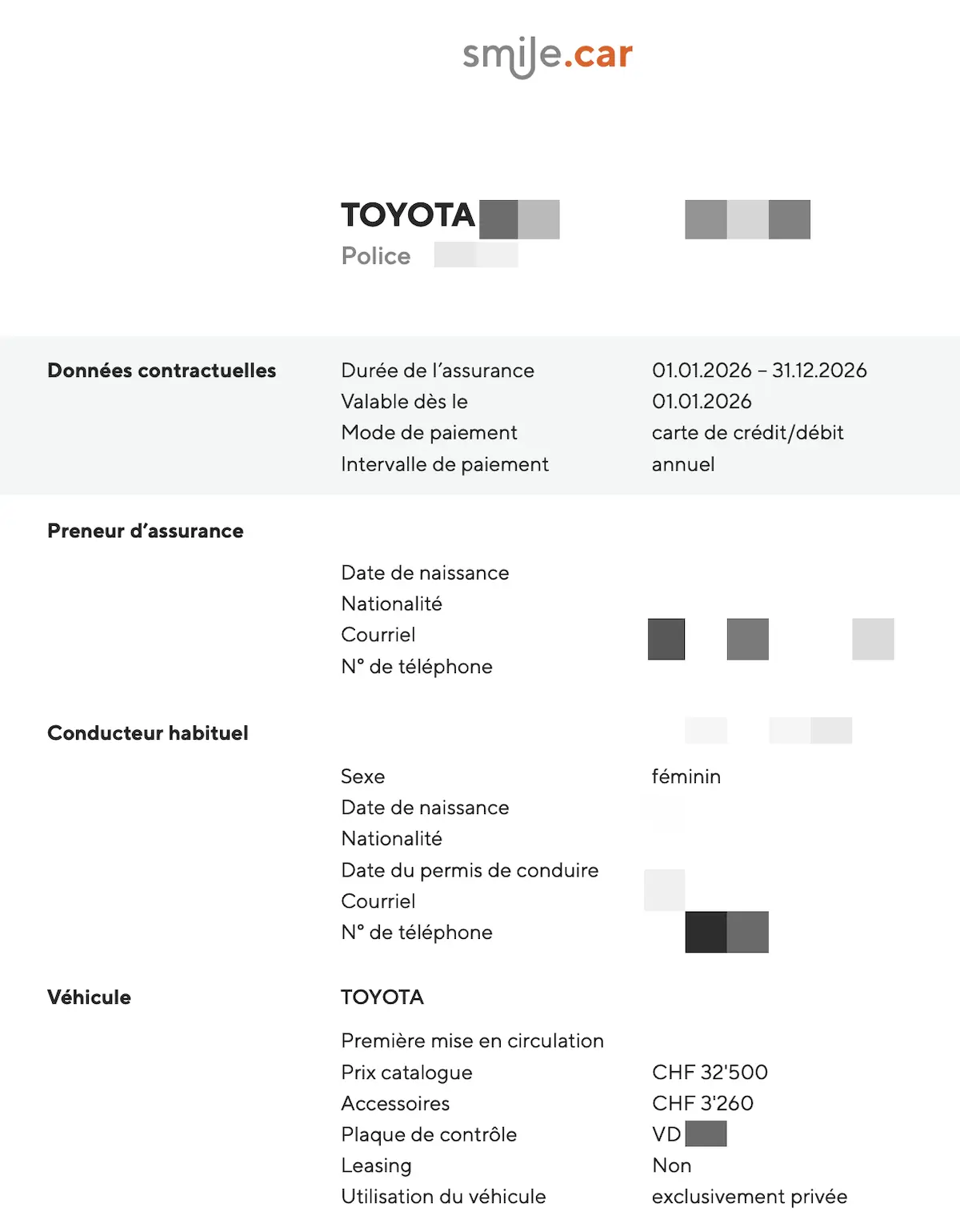 Smile.car car insurance details for the MP family (you'll notice it's under Mrs MP's name to pay less ;))