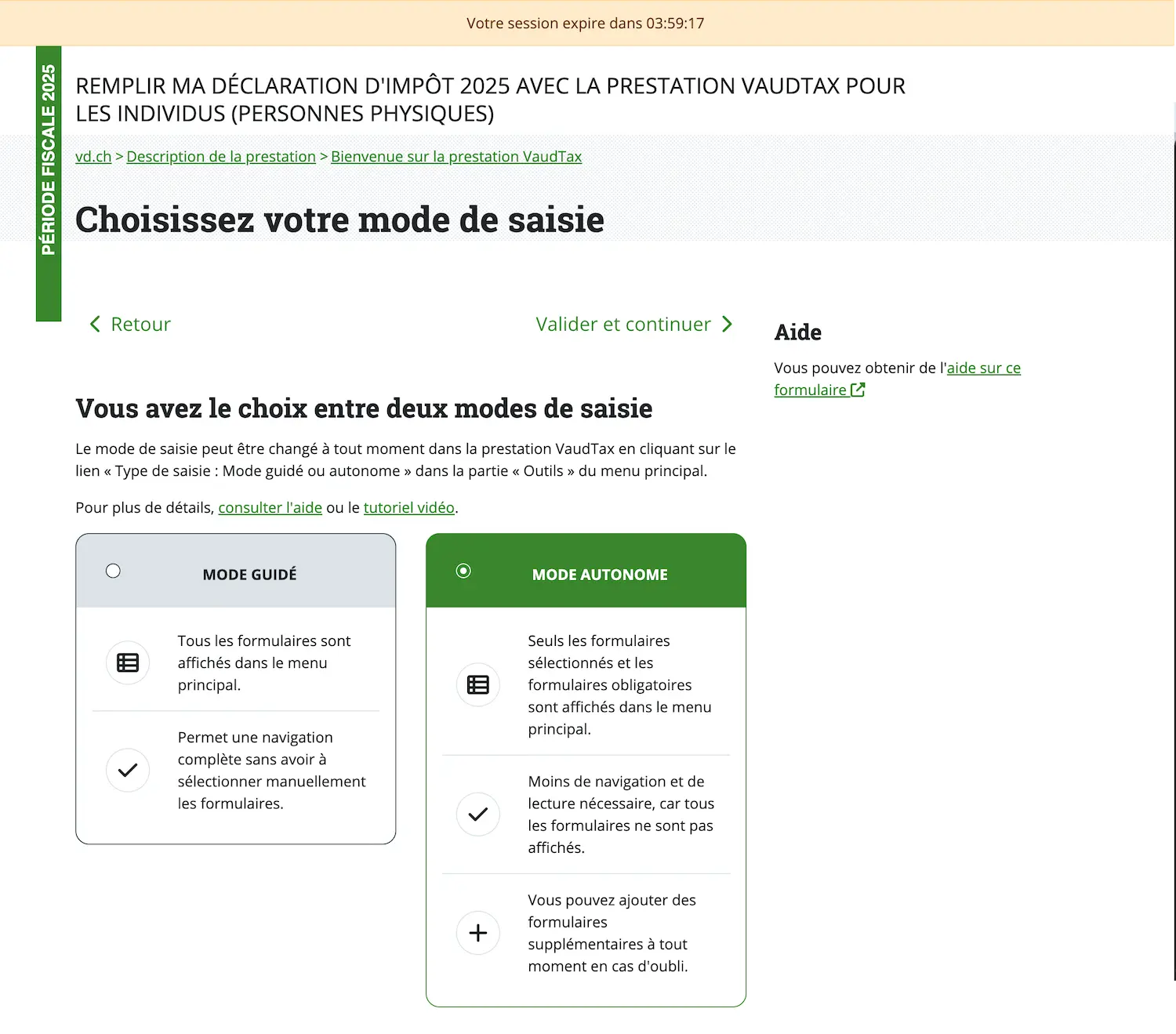 Choosing the input mode in VaudTax