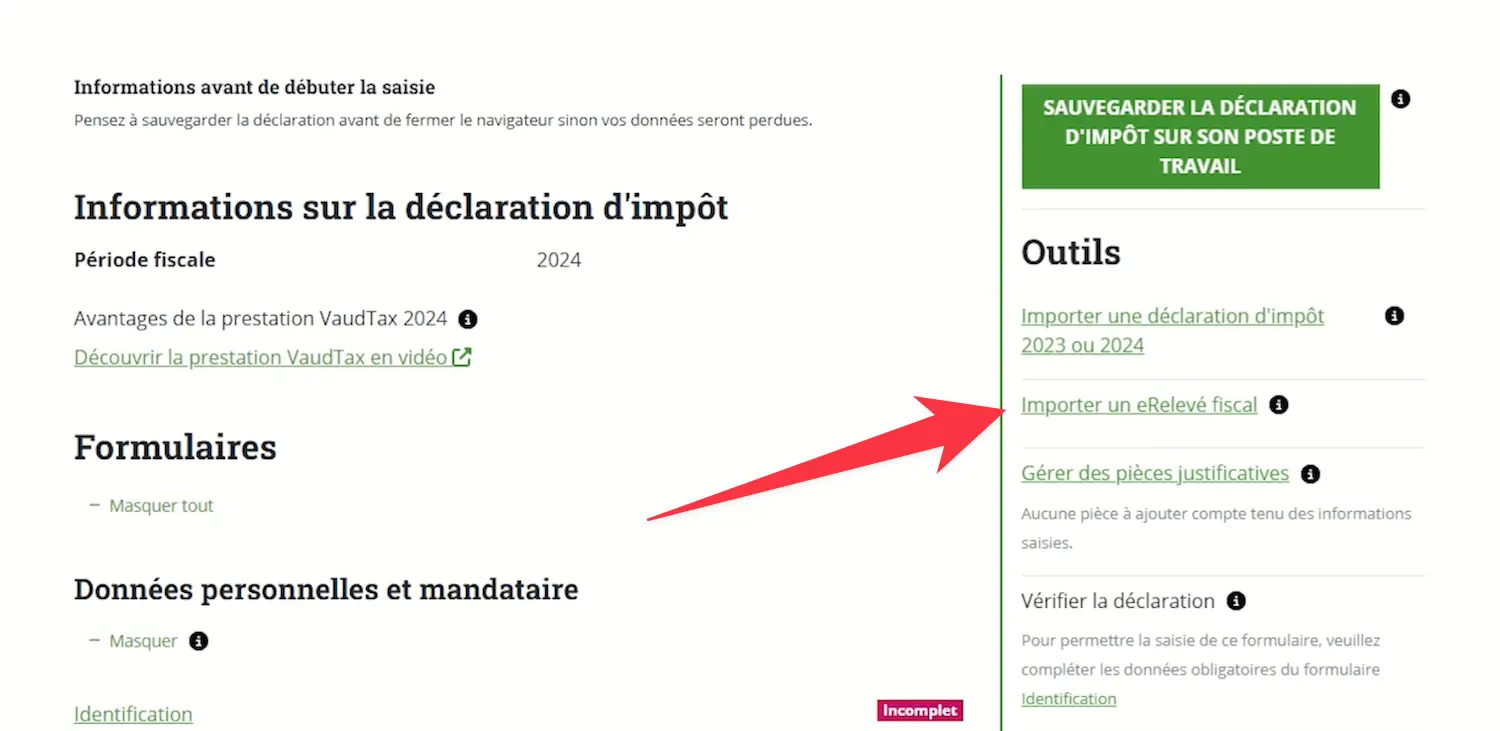 Menu for importing an electronic tax statement